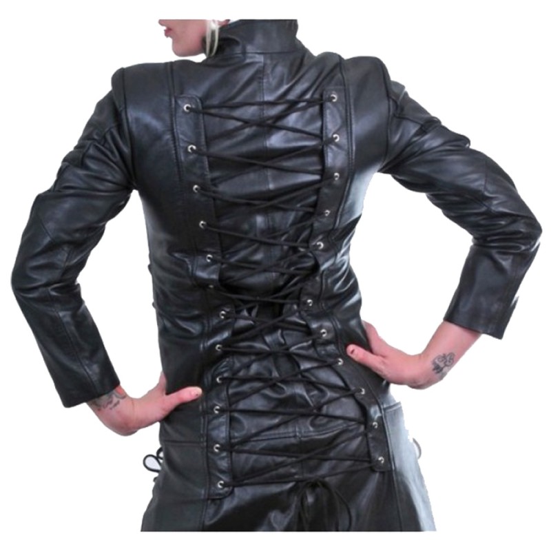 Women Gothic Steampunk Genuine Leather Coat Military Style Trench Goth Coat 